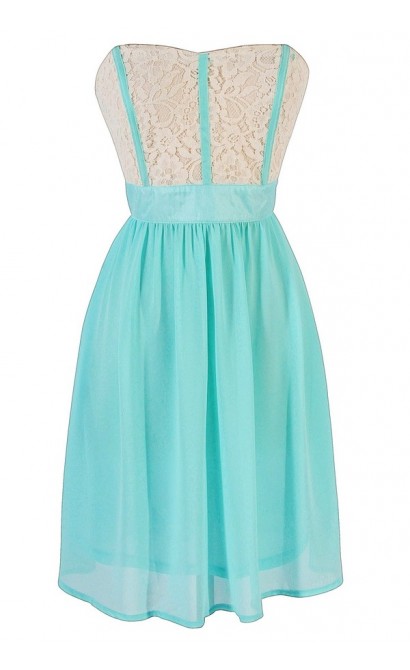 Fabric Piping Lace and Chiffon Strapless Dress in Mint